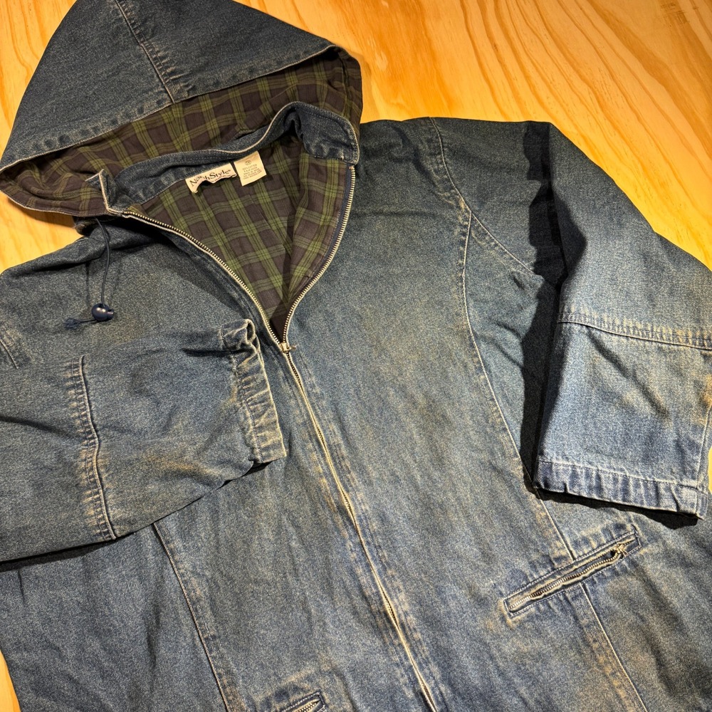NorthStyle 2X Blue Denim Hooded Jacket Plaid Flannel Lined Zip Up